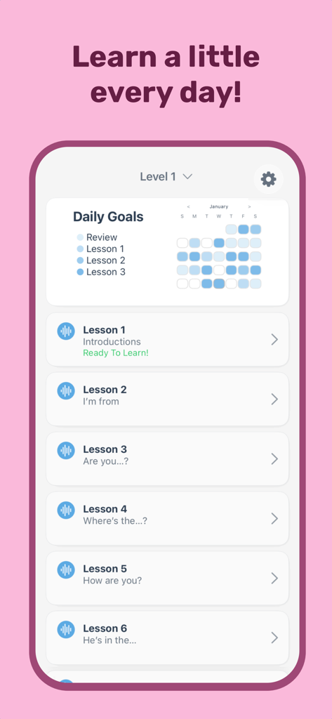Learn Spanish with Coquí - Screenshot of the Learn Spanish with Coquí app showing daily goals tracker and a list of conversational lessons for beginners