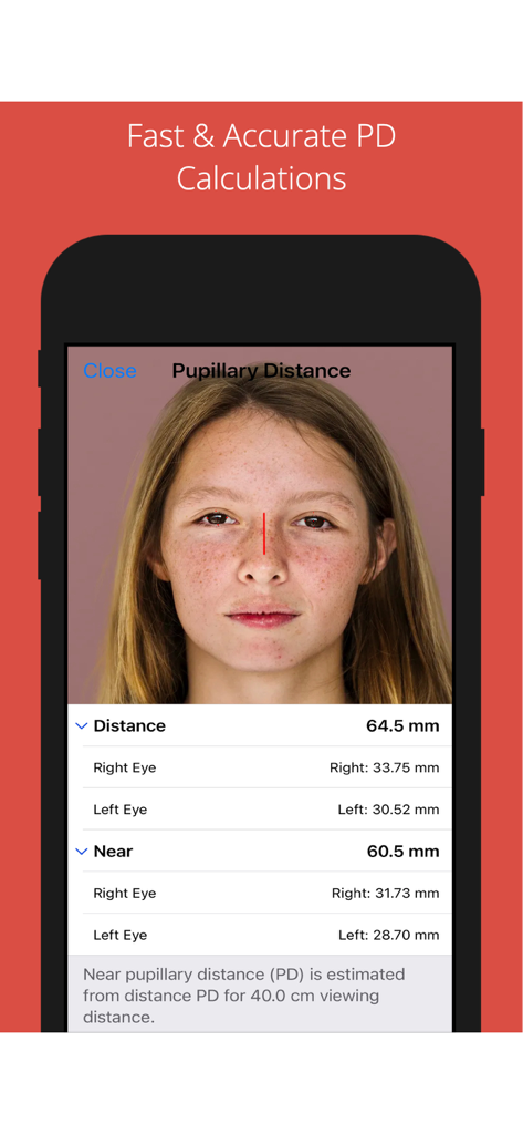 A smartphone showing the PD Plus app interface with pupillary distance measurement results for a user.