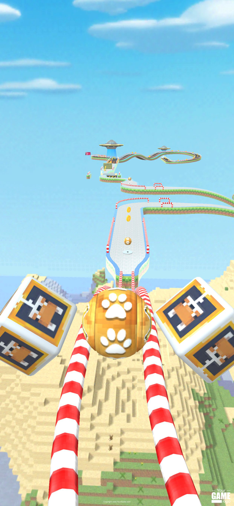 Fly Ball: Sky Parkour - A yellow ball with paw prints rolling on a striped sky track in a craft inspired world