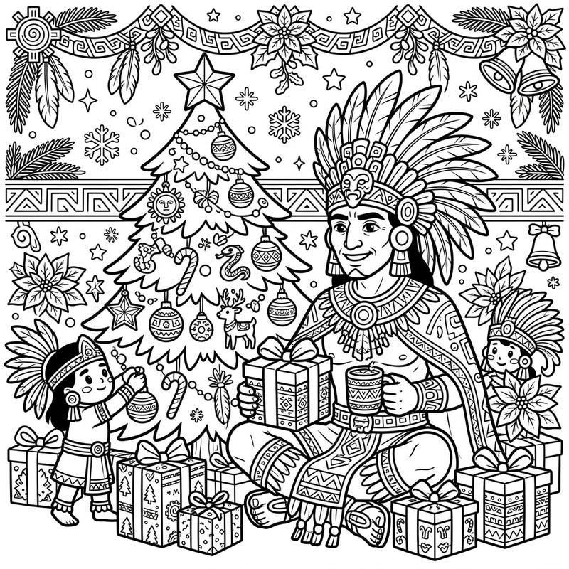 Step into a unique holiday celebration where ancient Aztec history meets festive Christmas joy with Moctezuma! This delightful coloring page is perfect for kids to explore a rich cultural blend while embracing the spirit of the season.