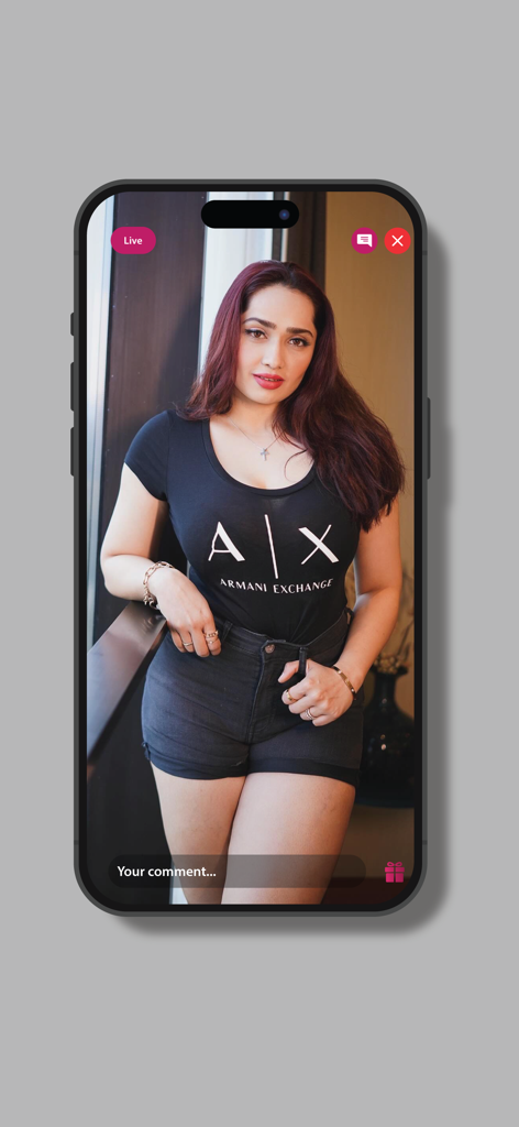 Aditi Mistry - Aditi Mistry live streaming session on the official app interface with comment and gift features.