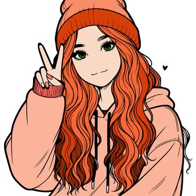 a teenage girl in a beanie, oversized sweatshirt, wavy long hair, and is showing a ✌️