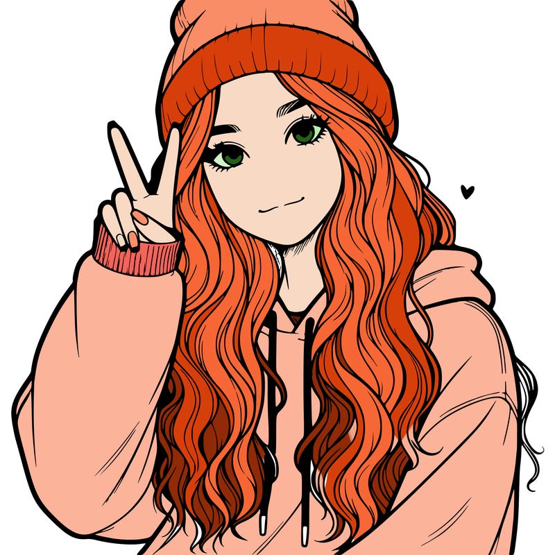 a teenage girl in a beanie, oversized sweatshirt, wavy long hair, and is showing a ✌️