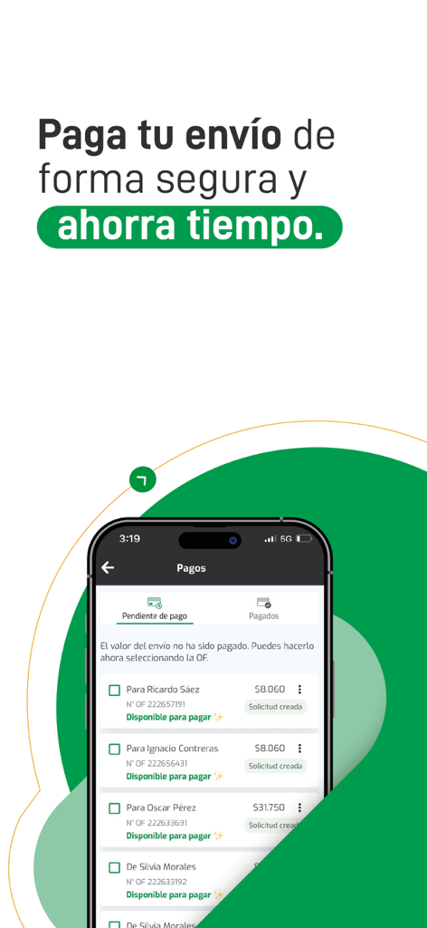 Starken - Aplicación móvil Starken que muestra una interfaz de pago de envío segura con una lista de transacciones pendientes