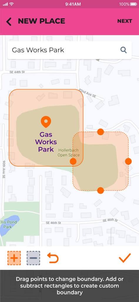 NickWatch: Parent App - Uma tela no app dos pais NickWatch mostrando uma interface de mapa para criar um limite de zona segura personalizada em torno de um parque usando retângulos laranja ajustáveis.