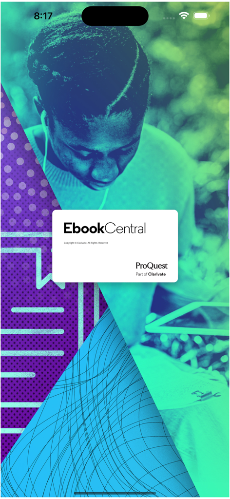 Ebook Central - Pantalla de inicio de la aplicación Ebook Central con los logotipos de ProQuest y Clarivate sobre un gráfico de un investigador usando una tablet