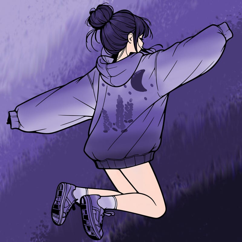 realistic girl jumping with a bun and oversized sweatshirt