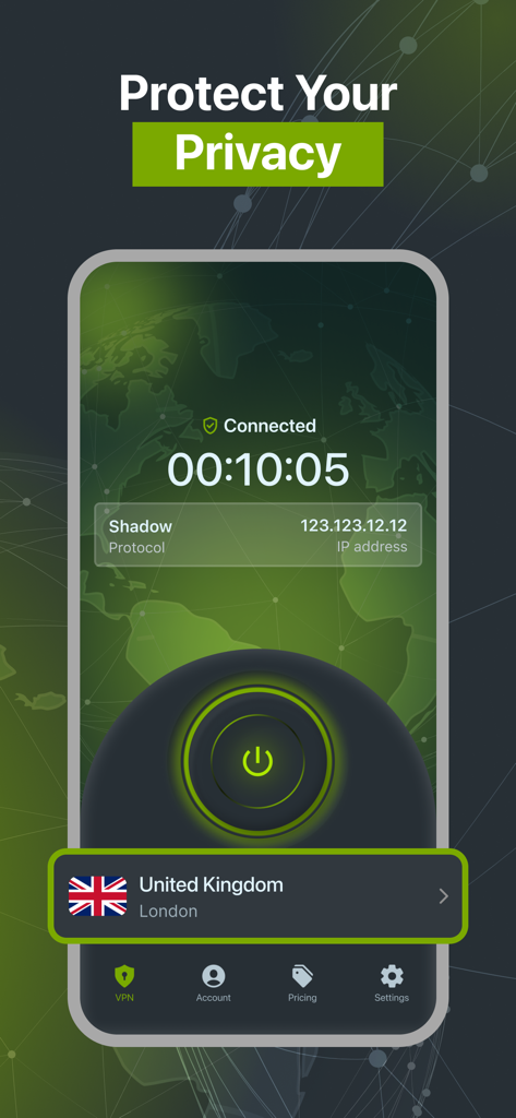 Interfaz de la aplicación móvil Zoog VPN mostrando una conexión segura a un servidor de Londres con texto de protección de privacidad