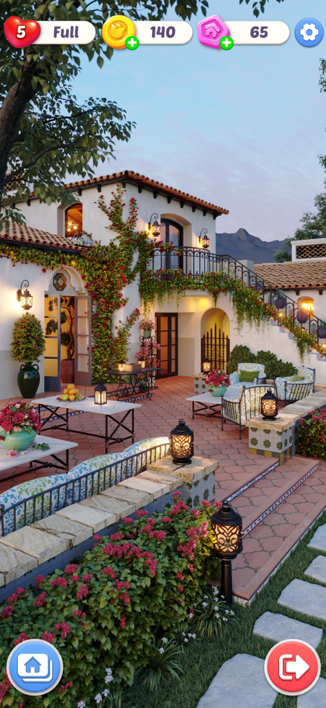 Happy Bloom Blast - Um pátio de villa mediterrânea decorado com flores cor-de-rosa vibrantes e lanternas quentes