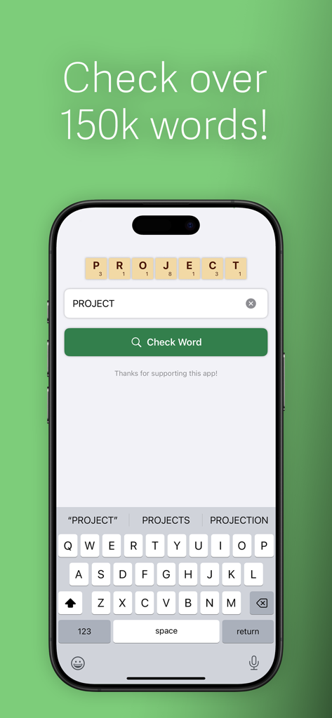 Interfaz de la aplicación Scrabble Dictionary Checker mostrando una búsqueda de la palabra PROJECT con valores de puntos