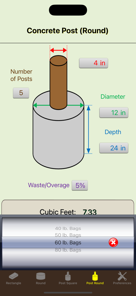 Interface for calculating round concrete post volume and bag counts on Concrete Calculator Elite app