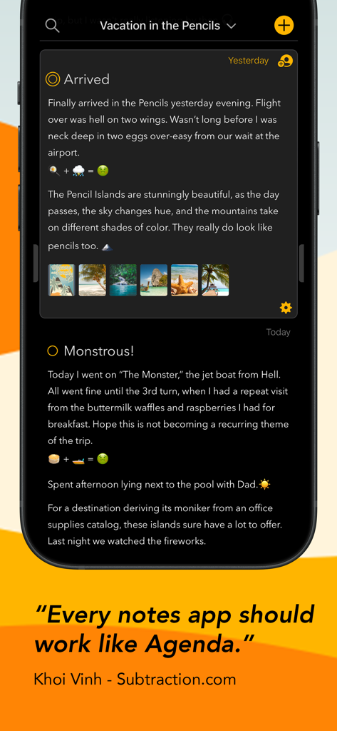 Agenda: Notes meets Calendar - Agenda app interface on iPhone showing a dark mode note with embedded images and a testimonial from Khoi Vinh