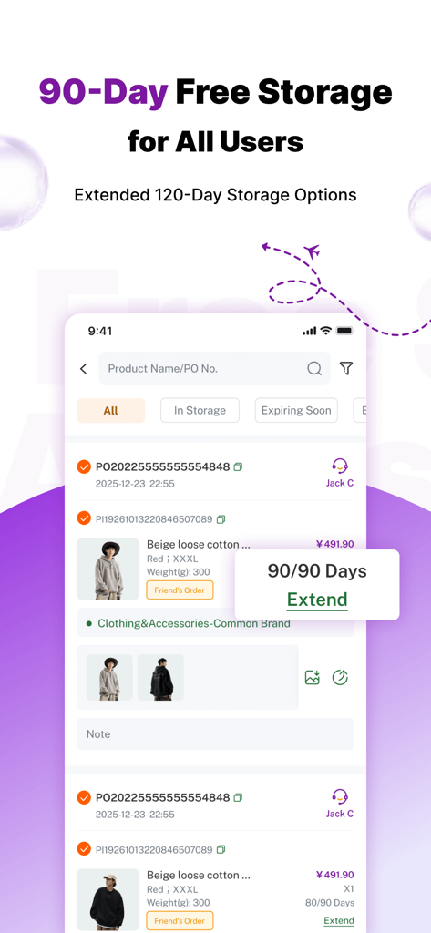 Mulebuy app interface showing the 90-day free warehouse storage feature for international orders