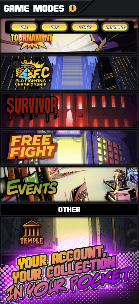 Urban Rivals app screen showing various game modes including Tournament, Survivor, and Free Fight