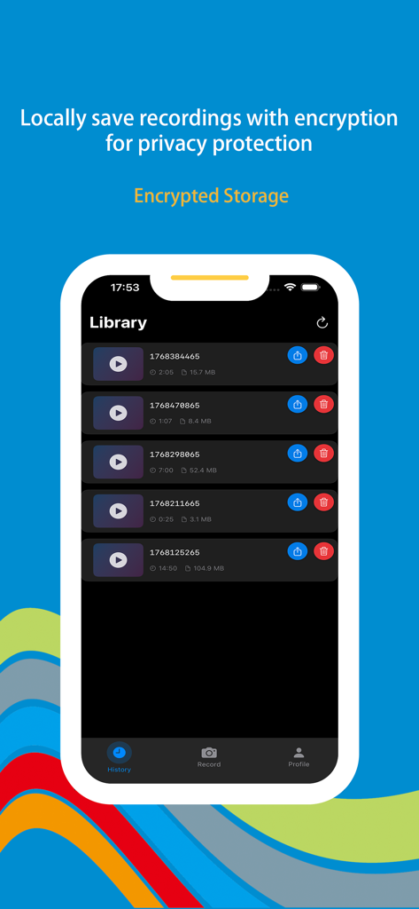 Wonder Rec - Screen Recorder - Wonder Rec app showing a library of encrypted screen recordings with privacy protection