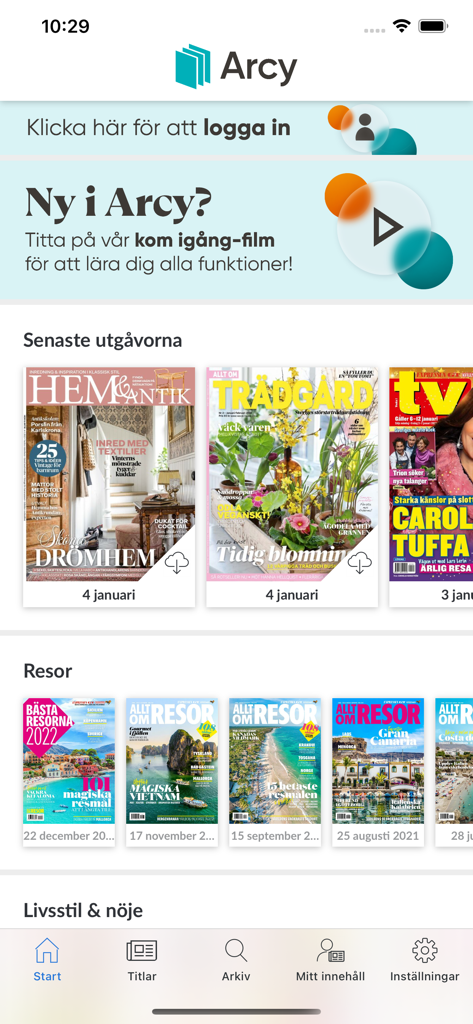 Arcy - Schermata principale dell'app mobile Arcy che mostra una raccolta di riviste e categorie digitali svedesi.