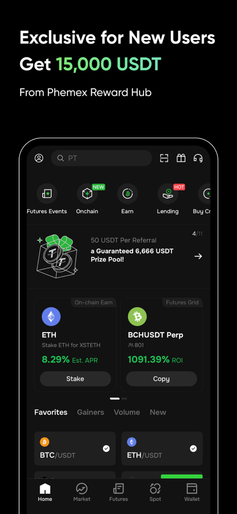 Phemex Pro: Trade BTC & Crypto - Phemex Pro 앱 인터페이스 - 신규 사용자를 위한 스테이킹 및 선물 옵션이 있는 보상 허브 표시