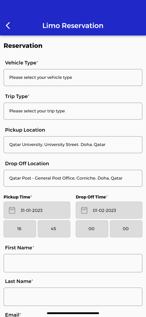 Limo reservation form in the Rent Solutions app showing fields for trip details and personal information.