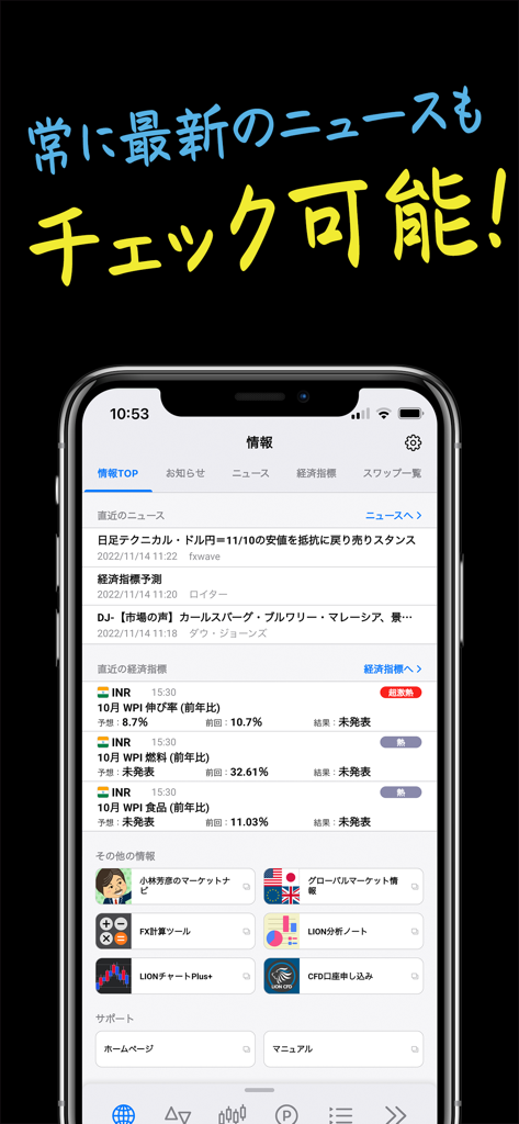 ヒロセ通商 LION FX 5 バーチャル - Painel de notícias e indicadores econômicos na interface do aplicativo de negociação móvel LION FX 5 Virtual.
