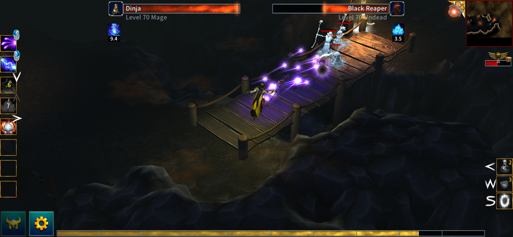 A Mage character casting purple magic spells at enemies on a wooden bridge in a dark dungeon in Eternium
