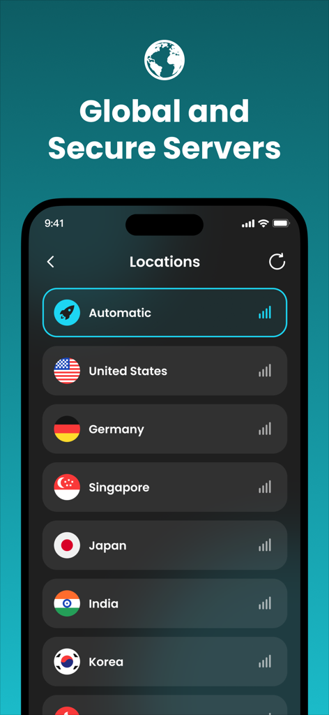 VPN - Fast VPN 360 Unlimited - Fast VPN 360 app interface showing a list of global and secure server locations