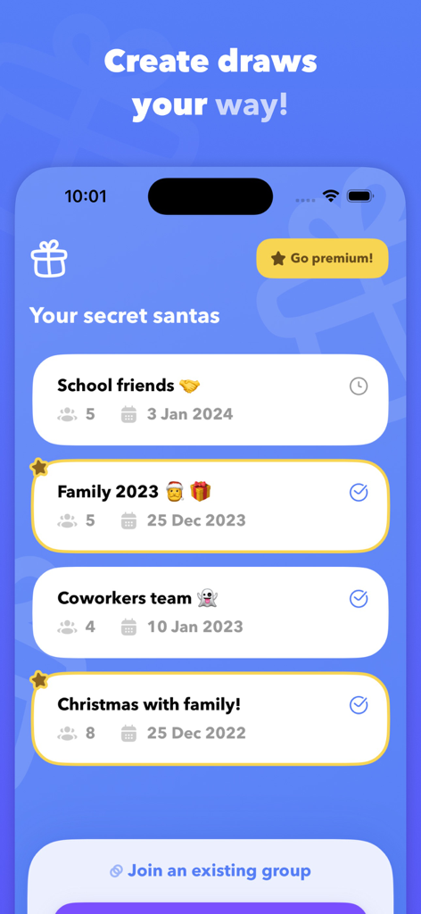 날짜 및 참가자 수와 함께 친구, 가족 및 동료를 위한 다양한 선물 교환 그룹을 보여주는 모바일 앱 인터페이스.