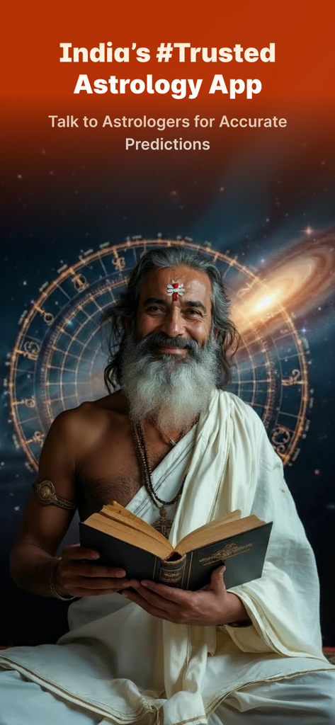 A smiling Vedic astrologer holding a book with a cosmic galaxy background promoting accurate predictions