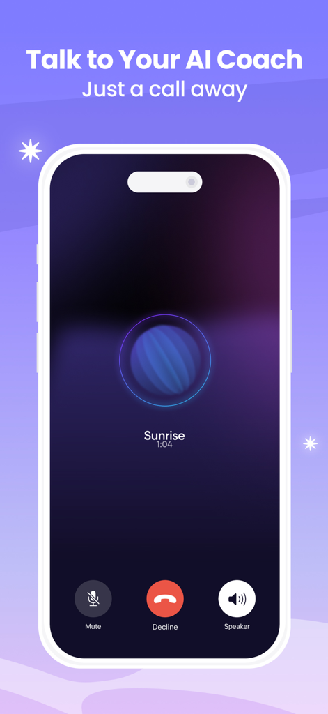 ADHD Coach & Planner - Sunrise - Interfaccia dell'app Sunrise che mostra una chiamata vocale con un coach AI.