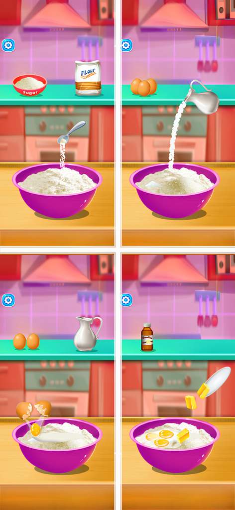 My LunchBox - Cooking Game - A four panel sequence showing a cooking game where flour, milk, eggs, and butter are added to a purple mixing bowl
