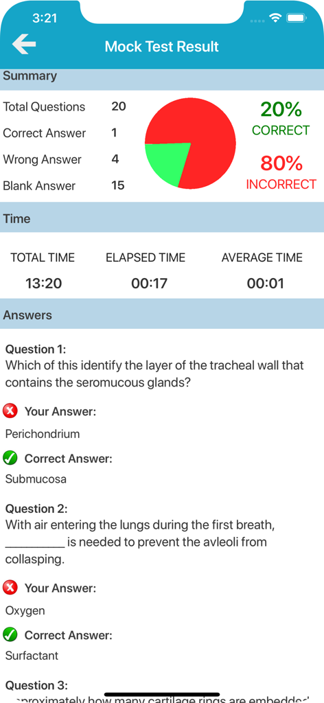 Respiratory System Quizzes - Tela de resultados de simulado com estatísticas de desempenho e revisão de respostas para o questionário do sistema respiratório
