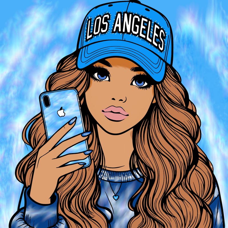 realistic beautiful girl wearing los ángeles cap holding an iphone