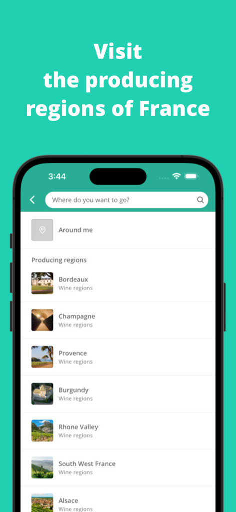 Rue des Vignerons - Mobile app screen displaying a list of French wine regions including Bordeaux, Champagne, and Provence for booking tours.