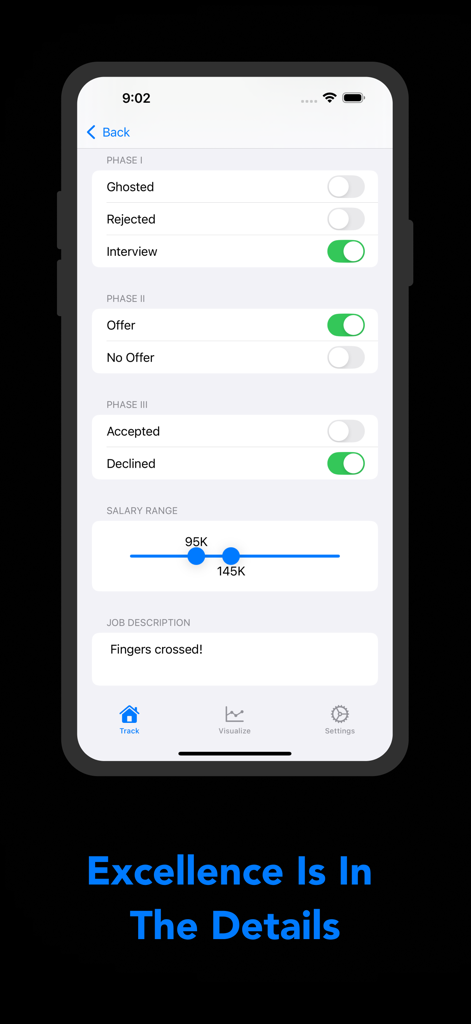Track.io job tracker mobile app screen showing job application phases and salary range adjustment