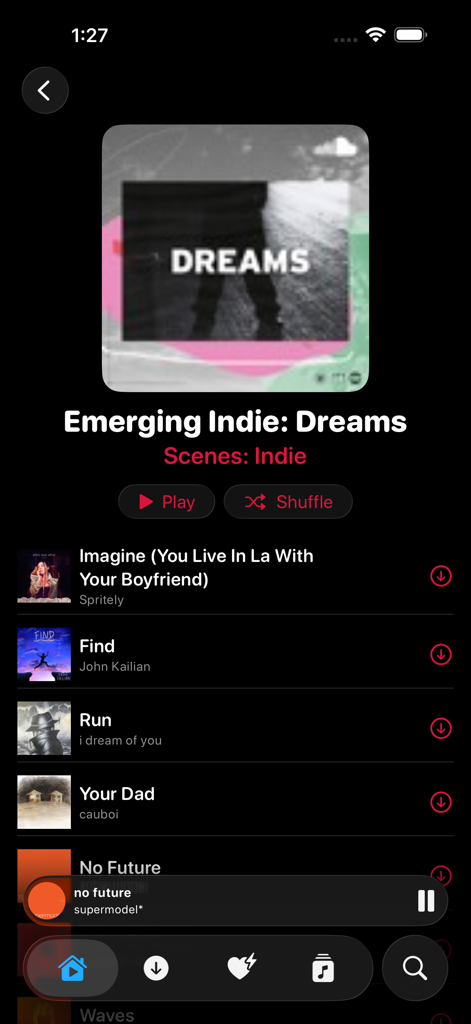 Vista de lista de reproducción de música indie en la aplicación Soundloader con una lista de canciones con opciones de reproducción y descarga