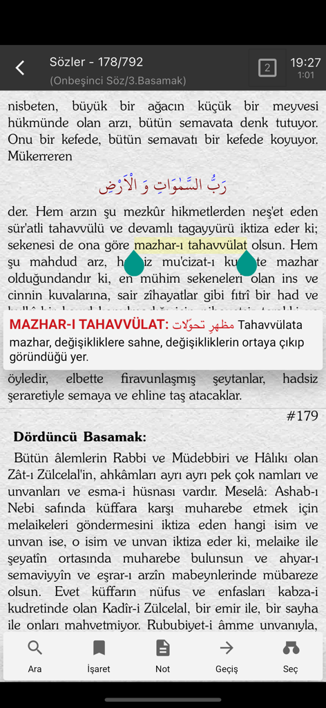 Screenshot of the Risale-i Nur app showing a text selection with a dictionary definition pop up