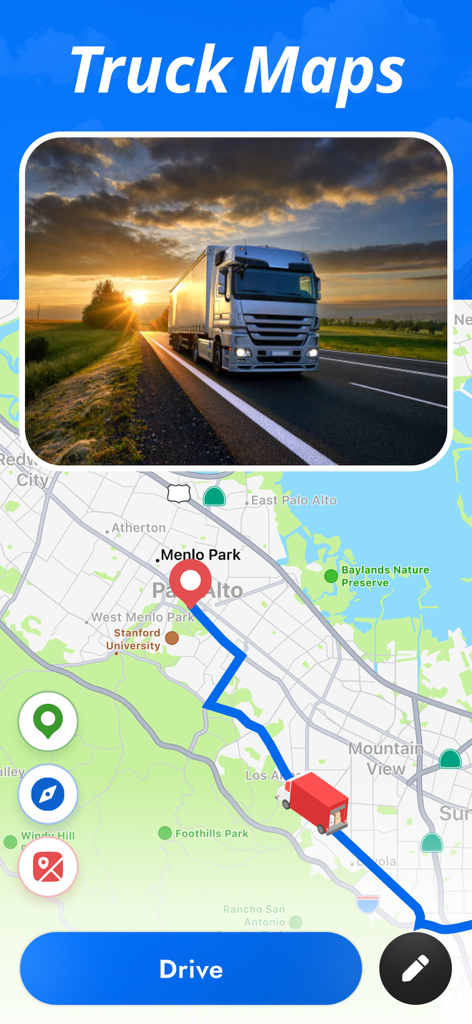 TruckMap.AI - Truck GPS Routes - Interface de l'application TruckMap AI montrant un itinéraire GPS pour camion sur une carte pour les chauffeurs professionnels