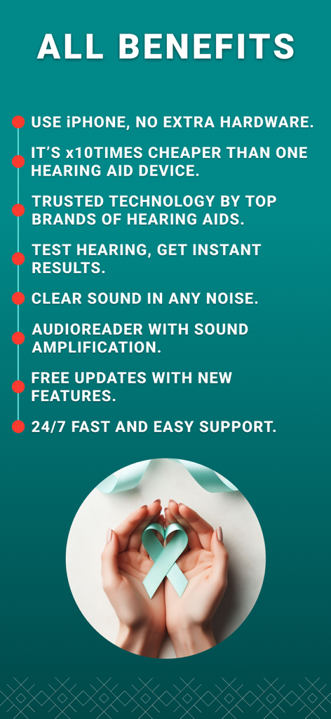 Uma lista de benefícios do aplicativo de aparelho auditivo Hear Boost, destacando sua acessibilidade e compatibilidade com iPhone