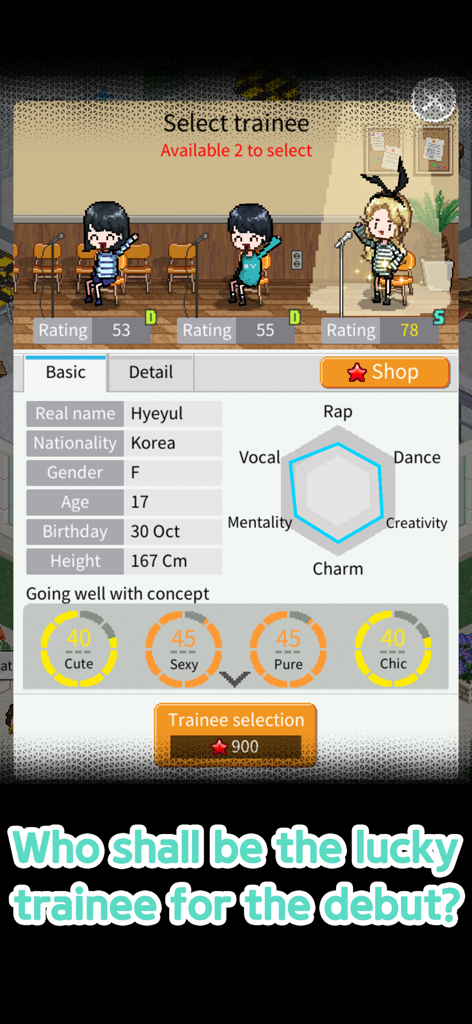 K-POP Idol Producer - Trainee selection screen in K-POP Idol Producer featuring pixel art characters and detailed performance statistics