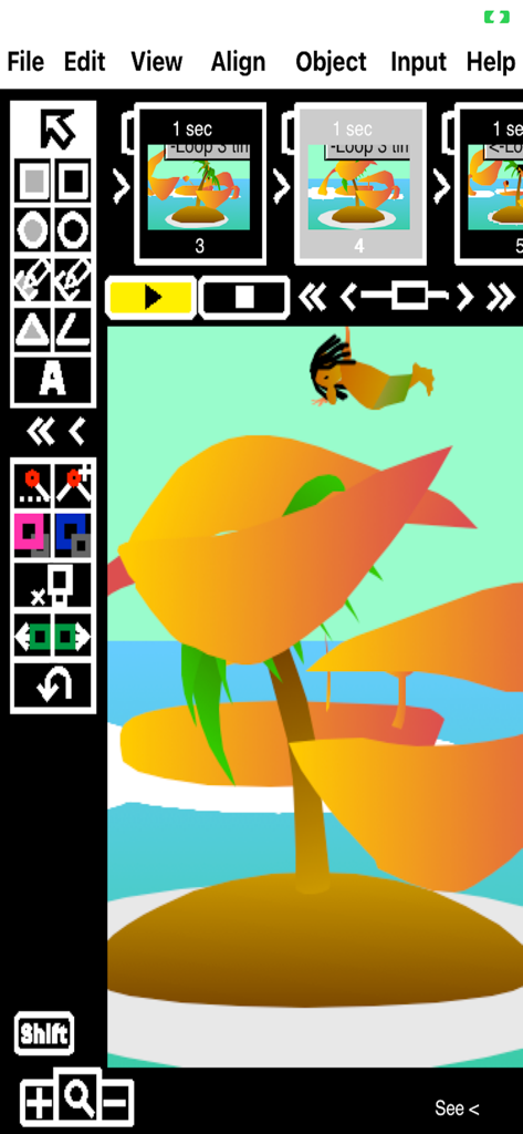 9VAePro - 9VAePro-Oberfläche, die Keyframe-Animationswerkzeuge und eine farbenfrohe Vektorlandschaft mit einem Baum und einem Schwimmer zeigt