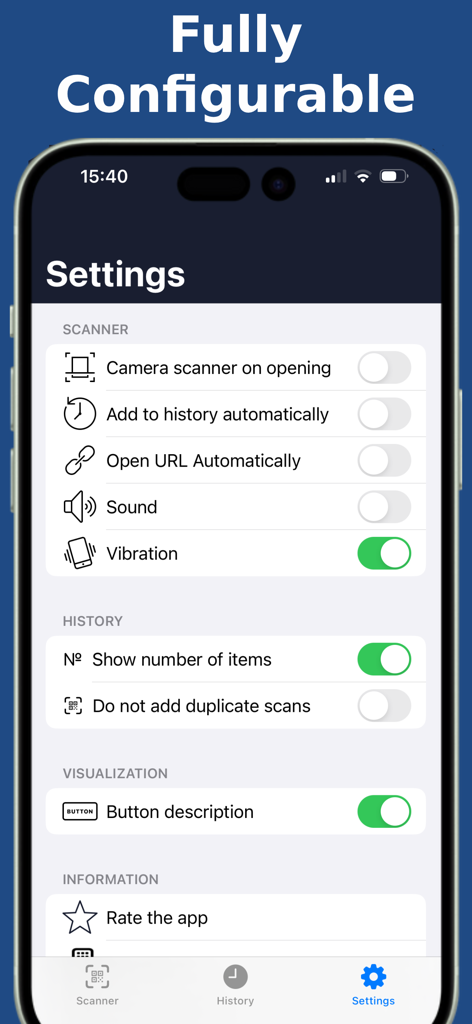 Easy QR Pro : QR Scanner - La pantalla de configuración de la aplicación Easy QR Pro que muestra opciones configurables del escáner e historial