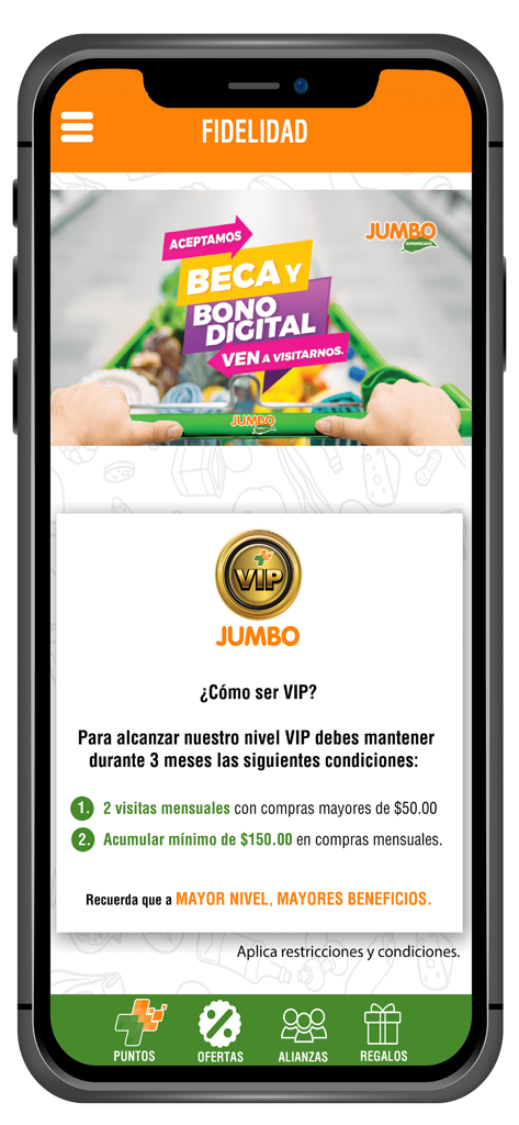 Jumbo plus mobile app screen showing VIP loyalty program requirements and benefits