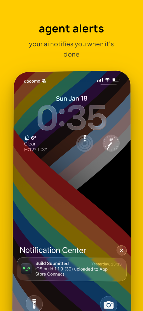 iPhone lock screen showing a task completion notification from the Moshi terminal app