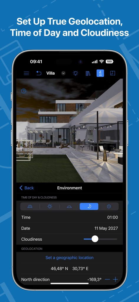 Live Home 3D - House Design - 環境の照明とジオロケーションを調整するための Live Home 3D アプリのインターフェース