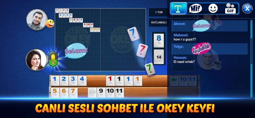 101 Okey Club - Yüzbir Okey - 101 Okey Club gameplay screen featuring tile sets and a live voice chat window with social messages.