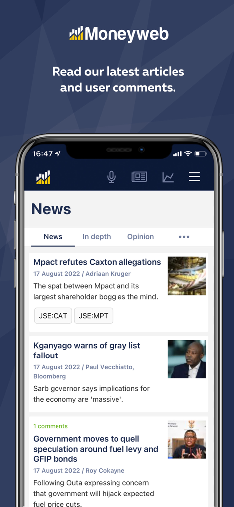 Screenshot of the Moneyweb News app news feed showing financial articles and business headlines on an iPhone.