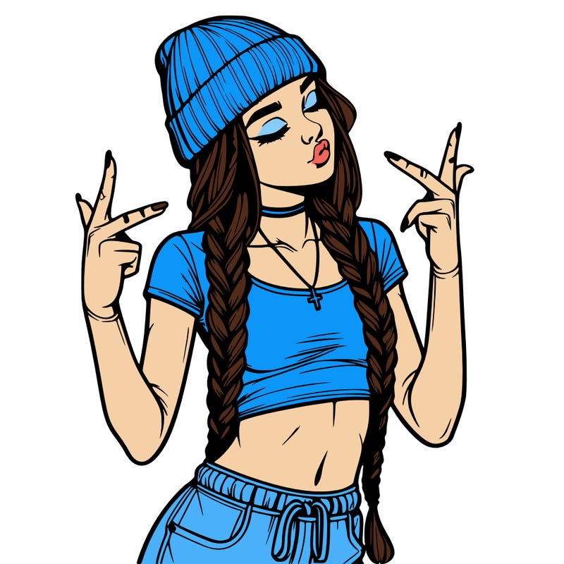 realistic teenage girl with braids and a beanie and crop top doing 🫶🏼