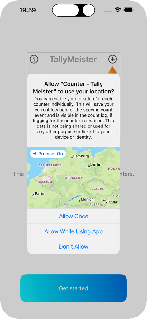 Counter - Tally Meister - Pantalla de solicitud de permiso de ubicación en la aplicación Tally Meister que muestra un mapa de Europa