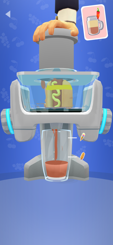 Una captura de pantalla del juego Blend It 3D que muestra un perrito caliente siendo procesado en una licuadora para hacer un batido.