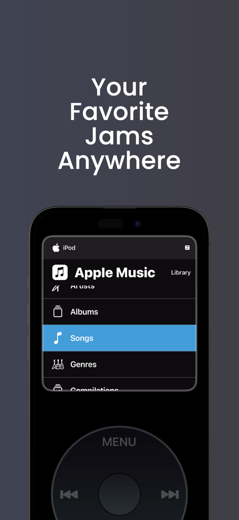RetroPod - RetroPod app displaying an iPod Classic style interface for Apple Music with a virtual click wheel and music library categories.