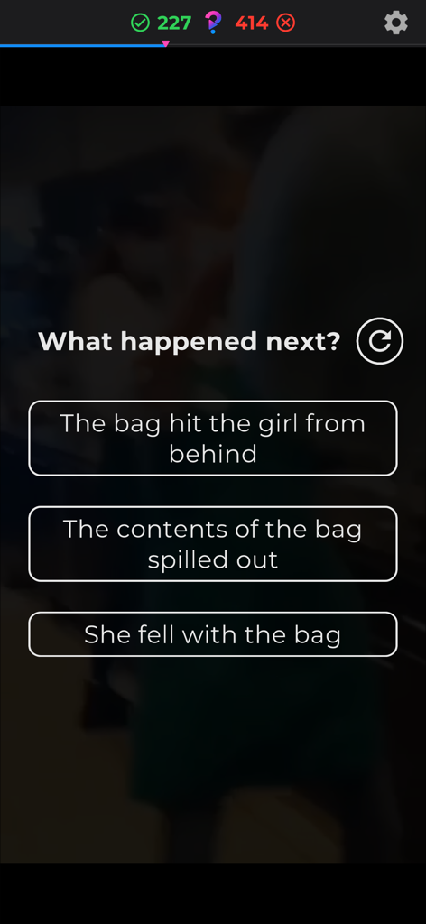 what happened next? - Gameplay screen of the trivia app what happened next featuring three multiple choice options to predict the ending of a video clip